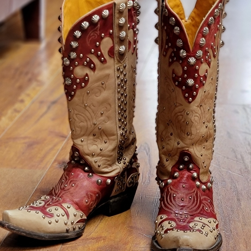 Old Gringo Raelene Vezuvio Studded Cowboy Boots - Red and Tan